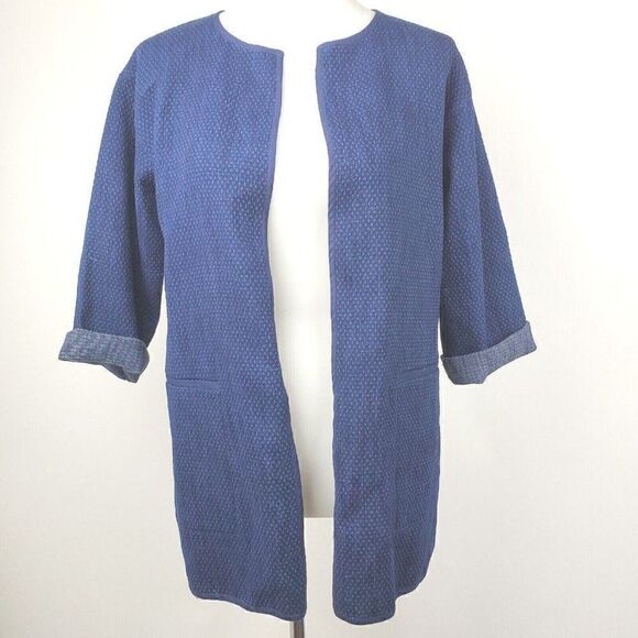 Eileen Fisher Textured Open Front Cotton Blend Blazer Jacket Navy Size SP - Picture 4 of 7